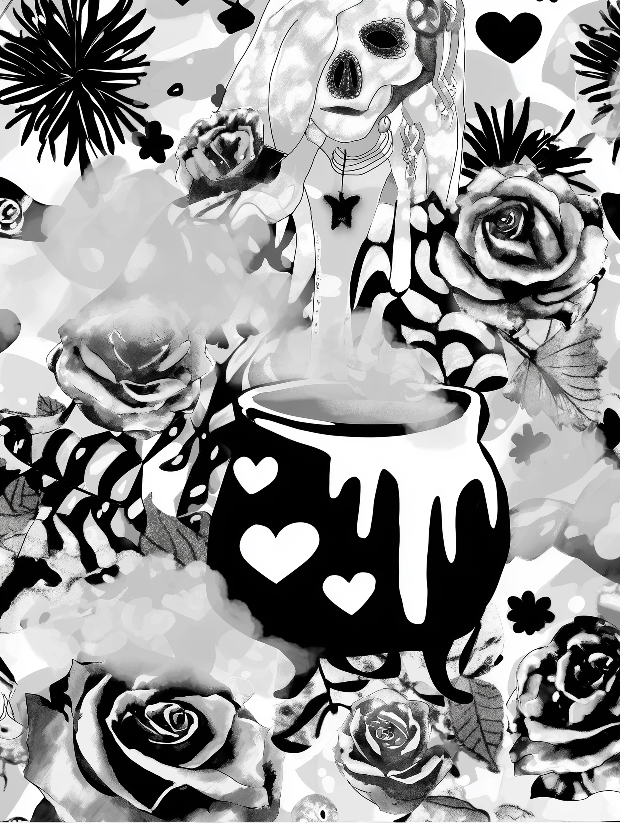 Free printable witch coloring page for adults featuring a heart shaped cauldron with a skull